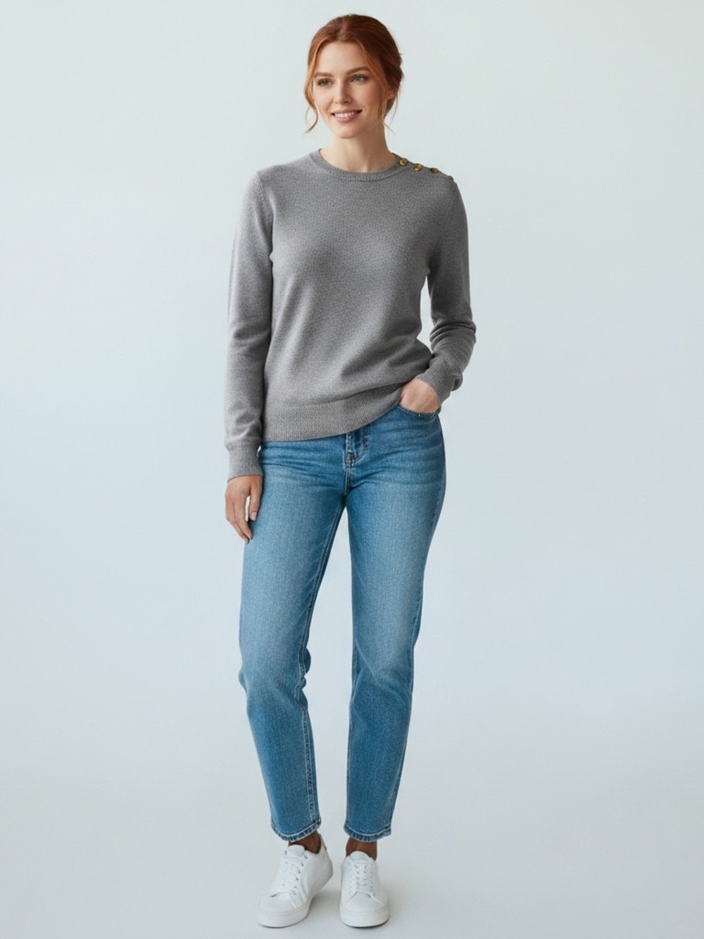 Vintage Lord & Taylor 100% Cashmere Gray Sweater Gold Shoulder Button Crewneck M
